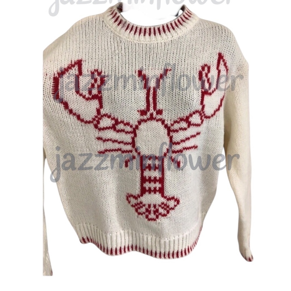 offwhite red whipstitch style lobster print crochet knit sweater size medium new
